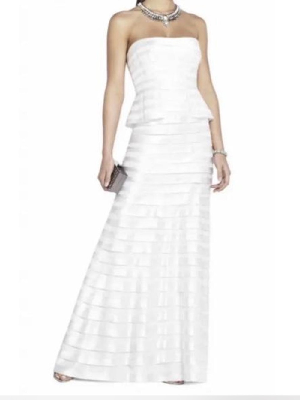 BCBG Strapless White Peplum Evening Gown